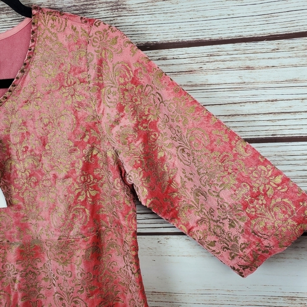 NWT April Cornell Womens XS Salmon/Gold Velvet Damask Embossed 3/4 Sleeve Dress - Picture 5 of 11